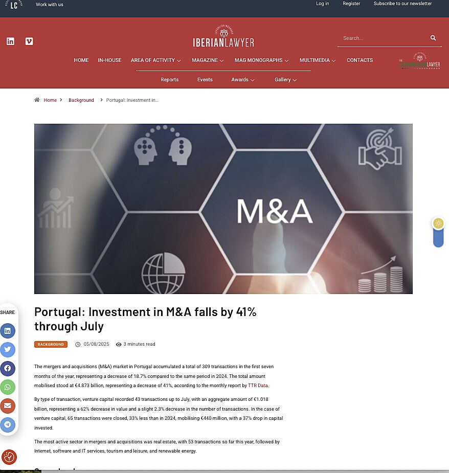 Portugal: Investment in M&A falls by 41% through July